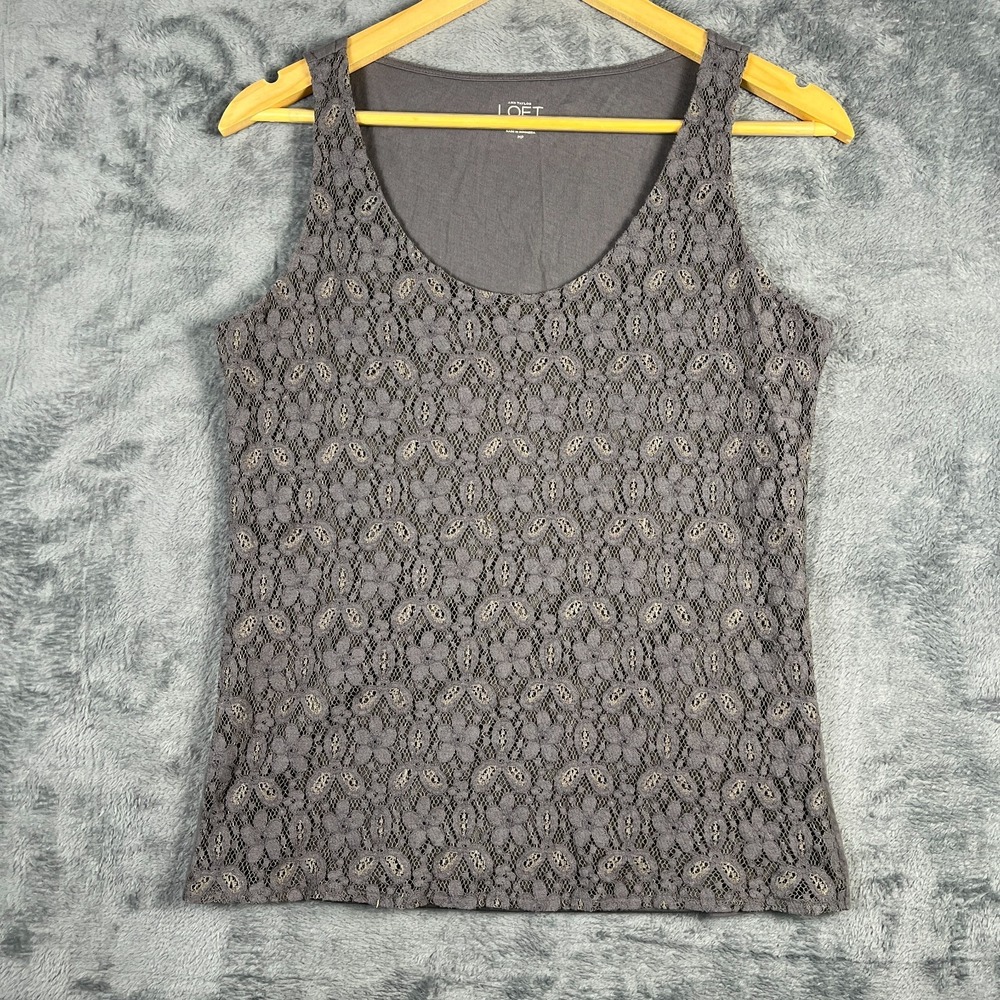 Ann Taylor Loft Tank Top Women Medium Petite Gray Floral Lace Scoop Neck Summer